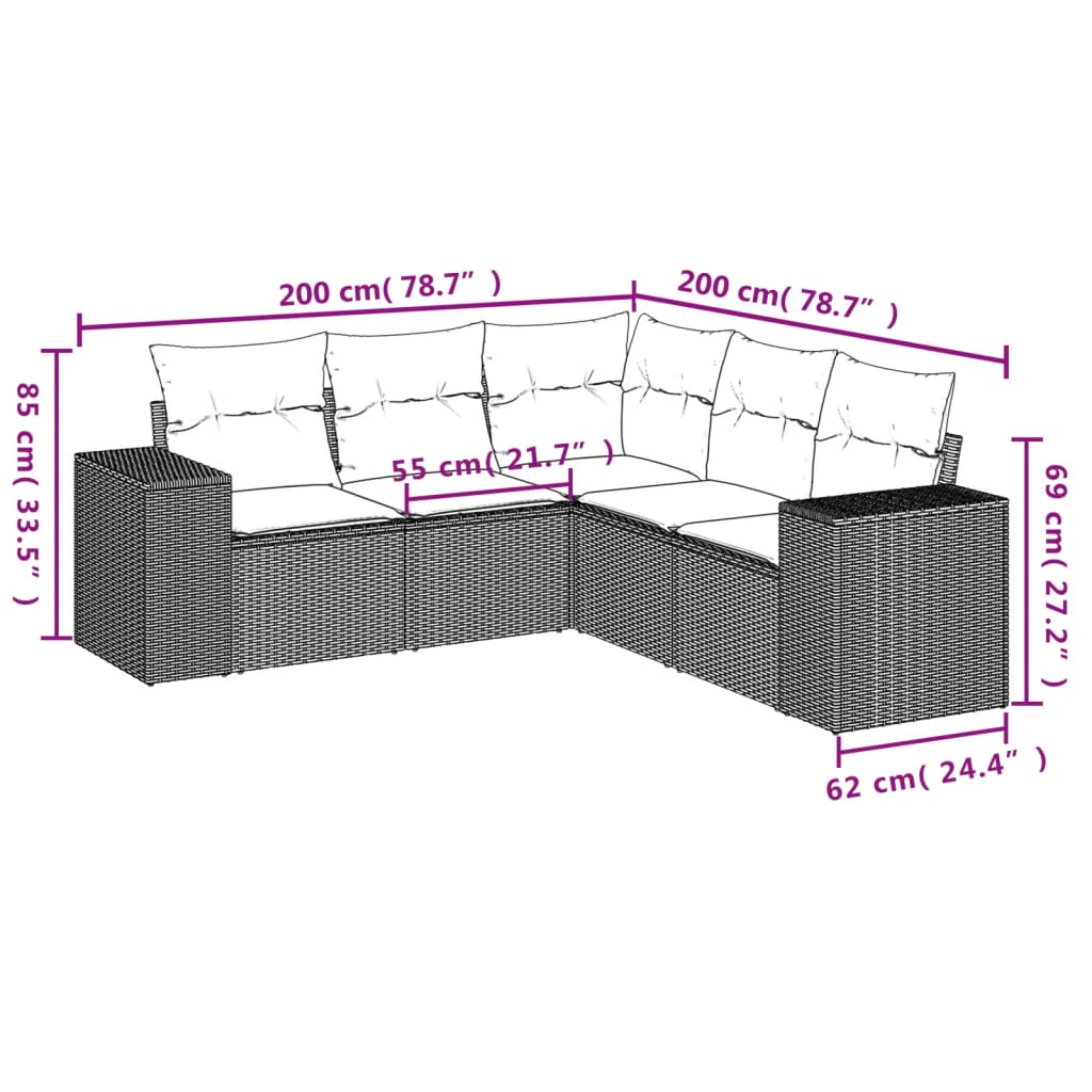 5-tlg. Garten-Sofagarnitur mit Kissen Hellgrau Poly Rattan