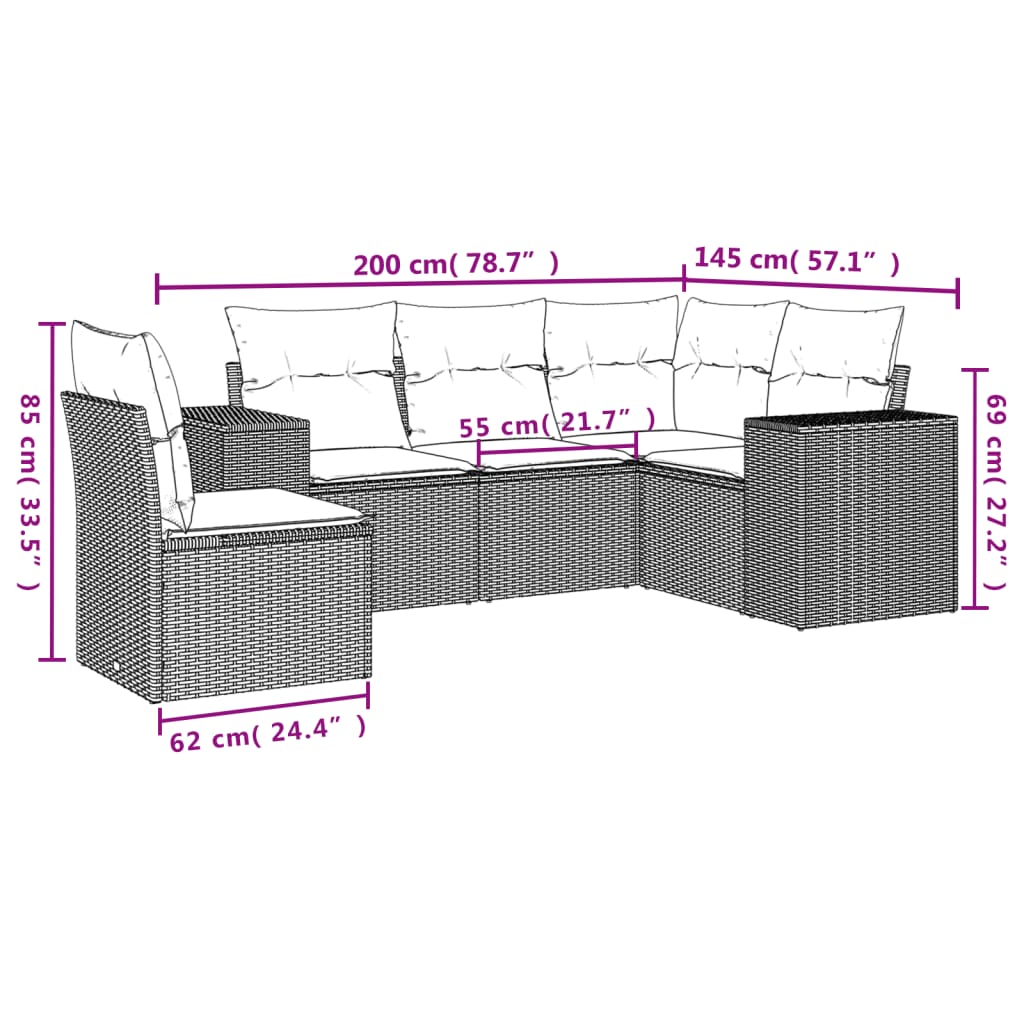 5-tlg. Garten-Sofagarnitur mit Kissen Hellgrau Poly Rattan