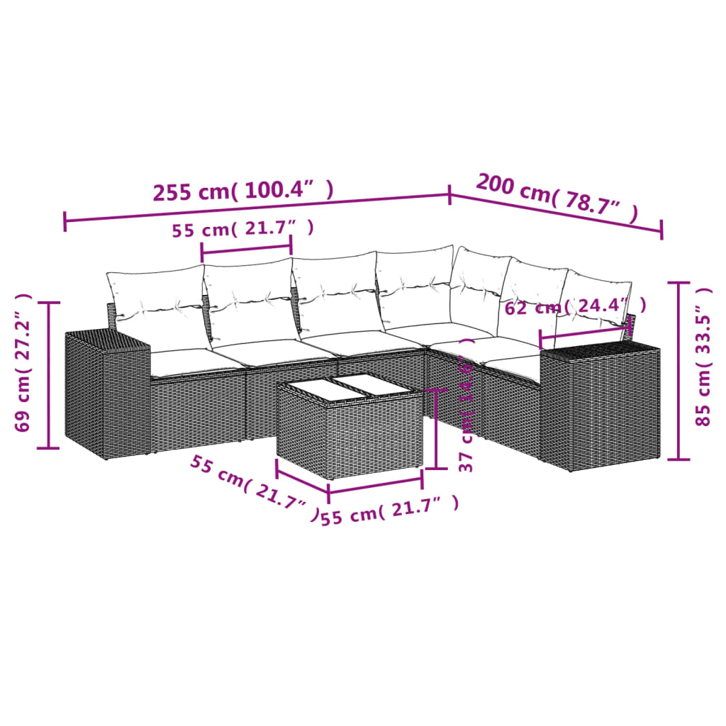 7-tlg. Garten-Sofagarnitur mit Kissen Hellgrau Poly Rattan