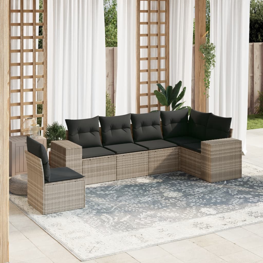 6-tlg. Garten-Sofagarnitur mit Kissen Hellgrau Poly Rattan