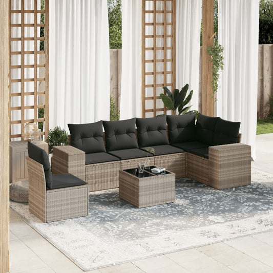 7-tlg. Garten-Sofagarnitur mit Kissen Hellgrau Poly Rattan