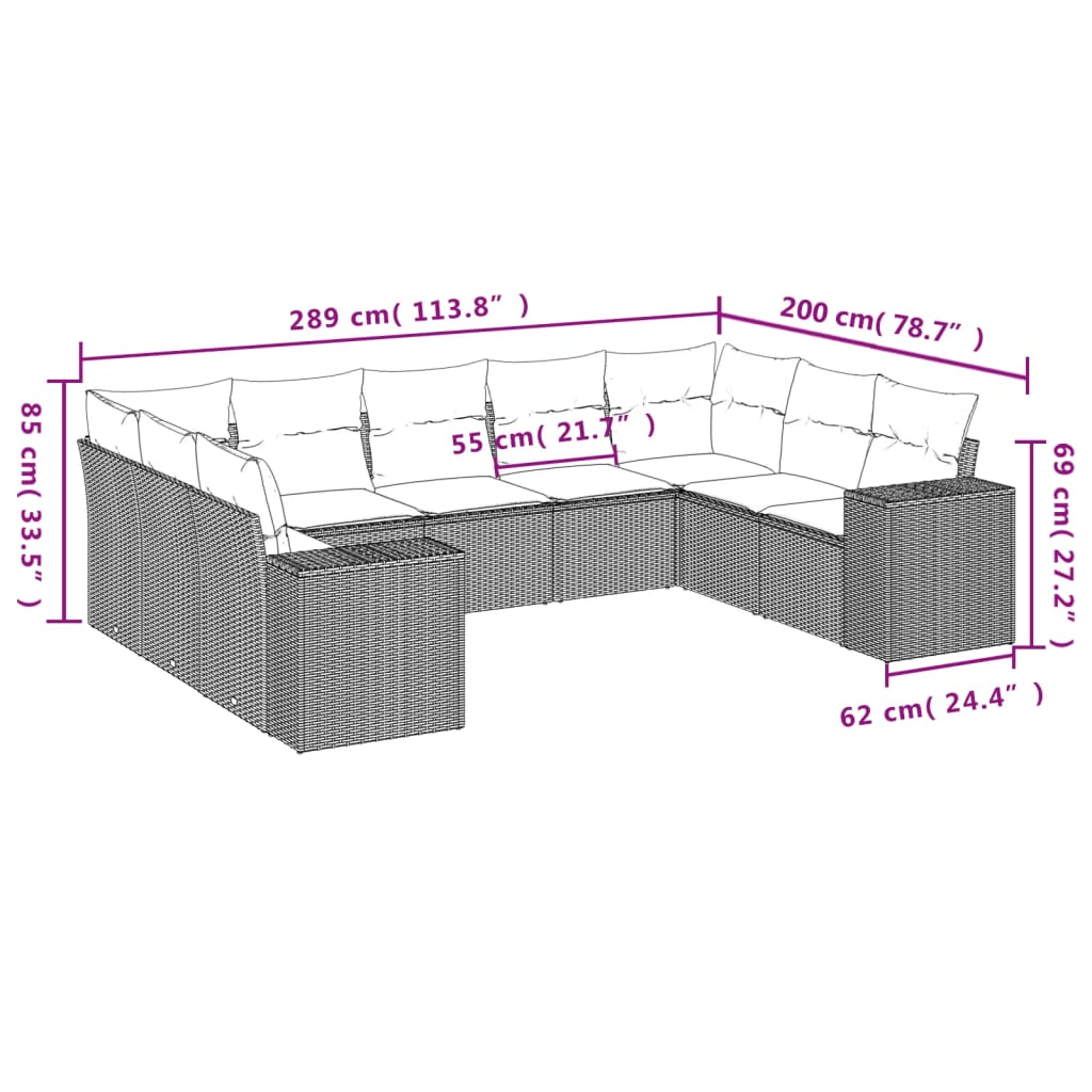 9-tlg. Garten-Sofagarnitur mit Kissen Hellgrau Poly Rattan