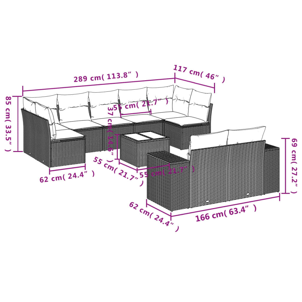 10-tlg. Garten-Sofagarnitur mit Kissen Hellgrau Poly Rattan