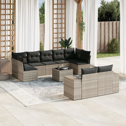 10-tlg. Garten-Sofagarnitur mit Kissen Hellgrau Poly Rattan