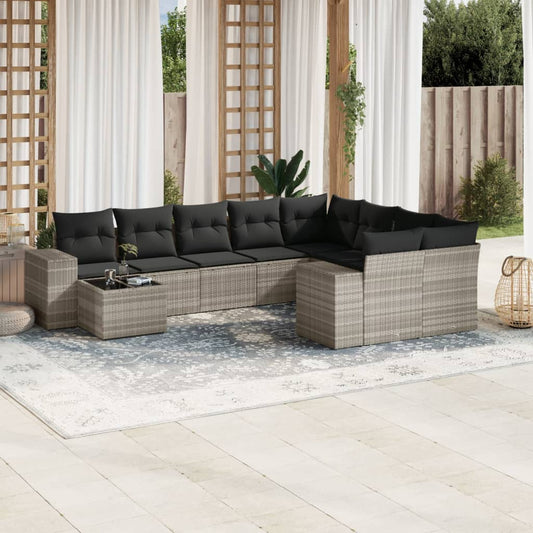 10-tlg. Garten-Sofagarnitur mit Kissen Hellgrau Poly Rattan