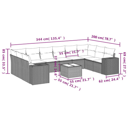 11-tlg. Garten-Sofagarnitur mit Kissen Hellgrau Poly Rattan