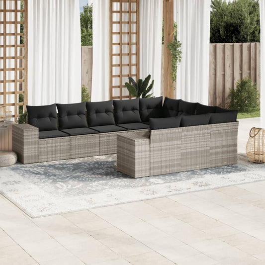 10-tlg. Garten-Sofagarnitur mit Kissen Hellgrau Poly Rattan