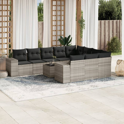 11-tlg. Garten-Sofagarnitur mit Kissen Hellgrau Poly Rattan