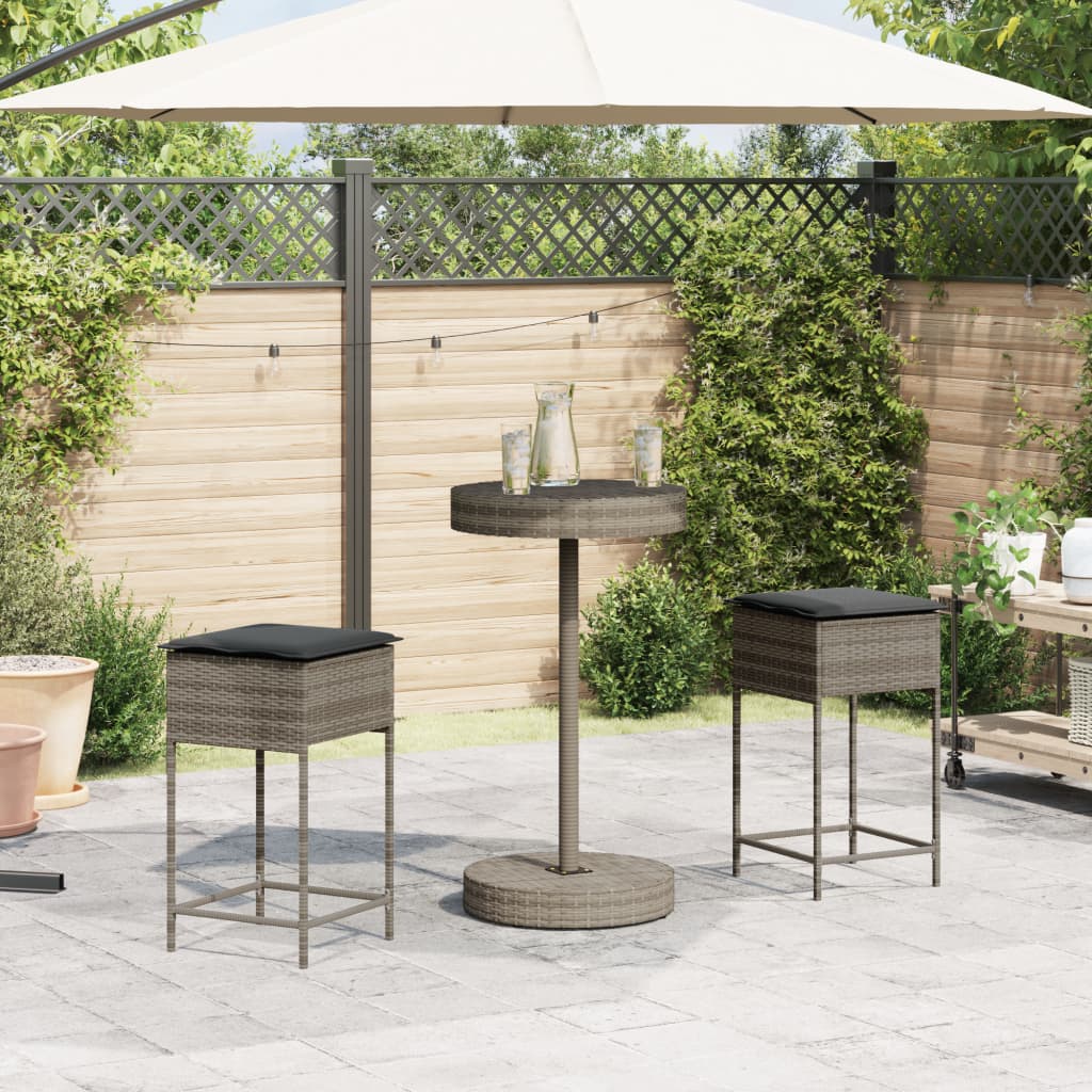 3-tlg. Gartenbar-Set mit Kissen Grau Poly Rattan