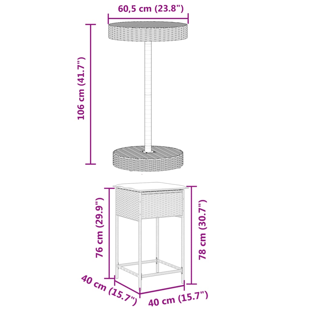 3-tlg. Gartenbar-Set mit Kissen Grau Poly Rattan