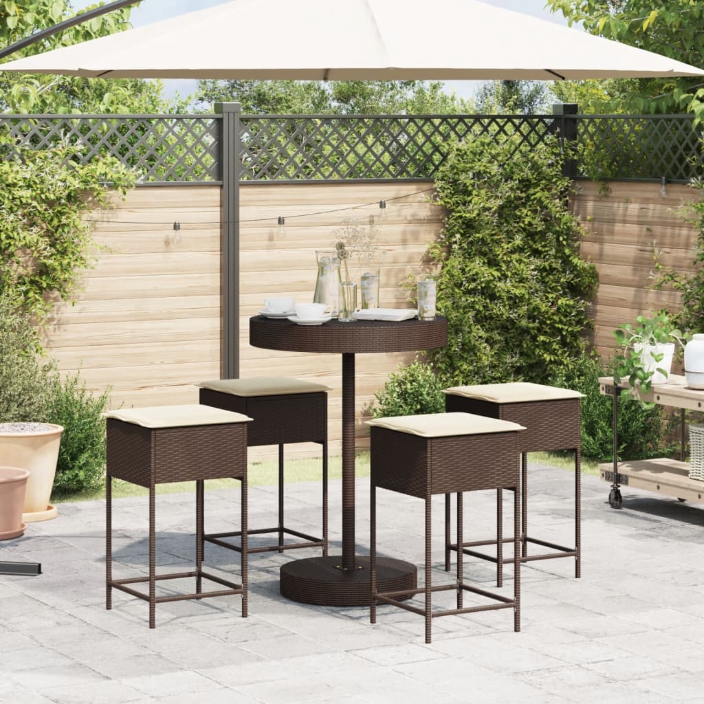 5-tlg. Gartenbar-Set mit Kissen Braun Poly Rattan