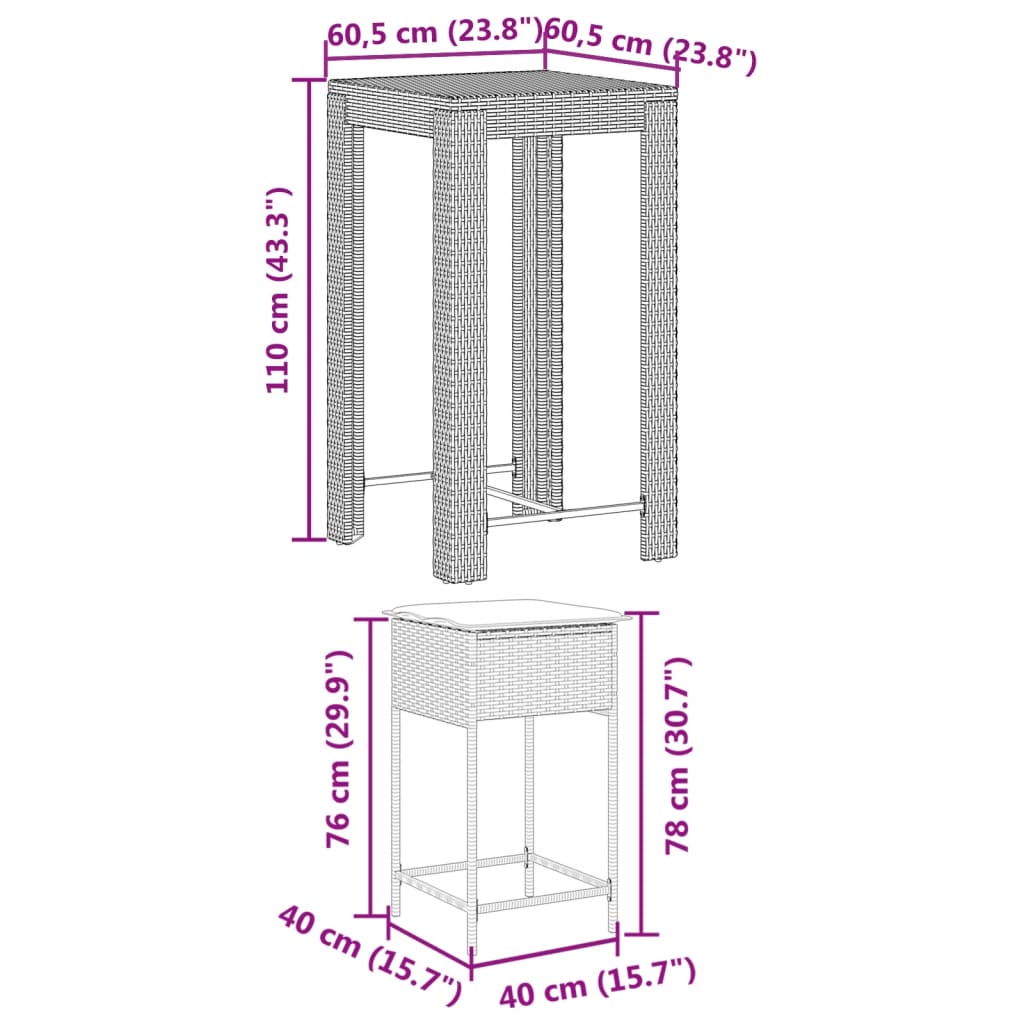 3-tlg. Gartenbar-Set mit Kissen Braun Poly Rattan