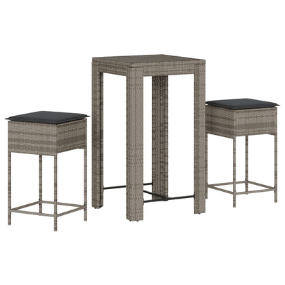 3-tlg. Gartenbar-Set mit Kissen Grau Poly Rattan