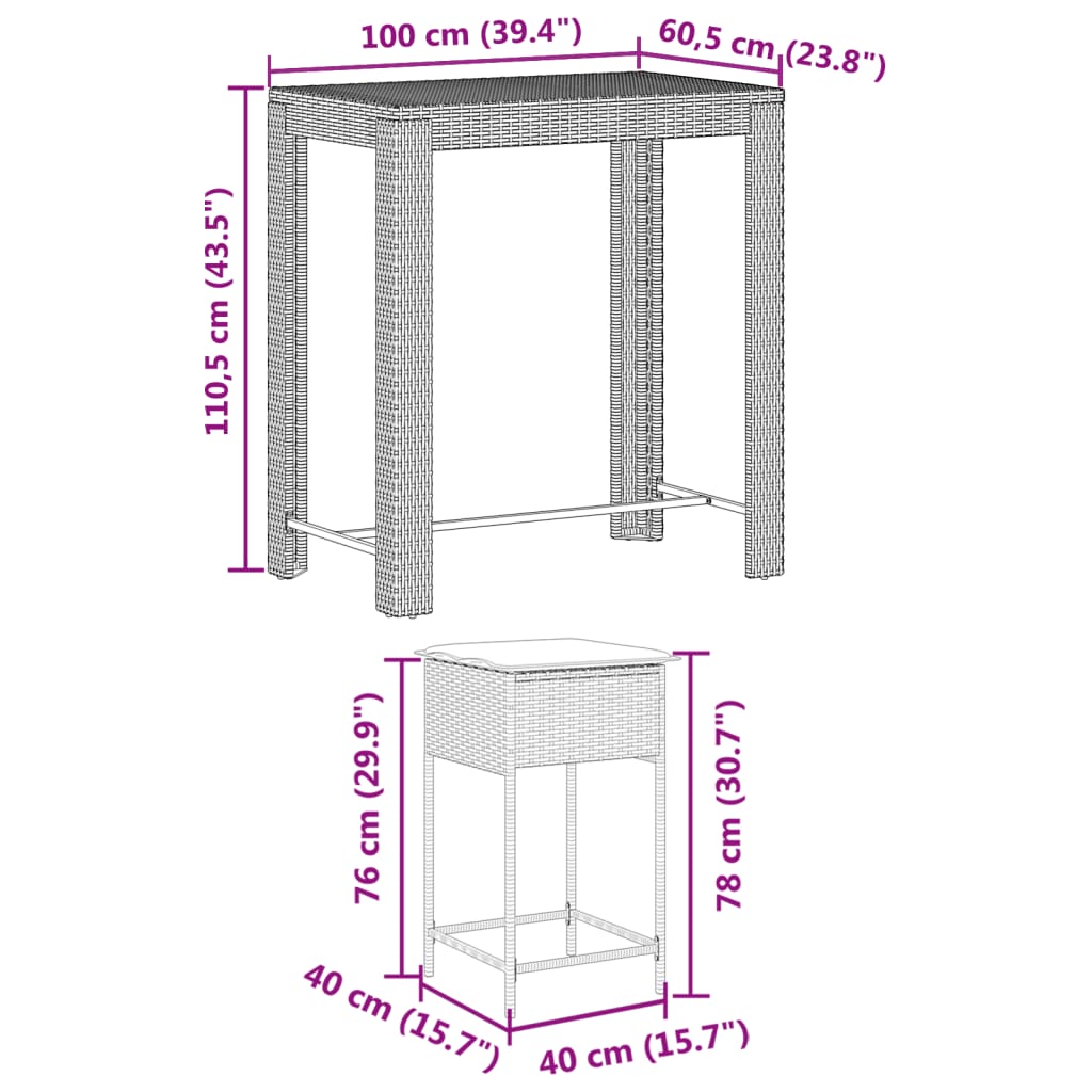 5-tlg. Gartenbar-Set mit Kissen Grau Poly Rattan