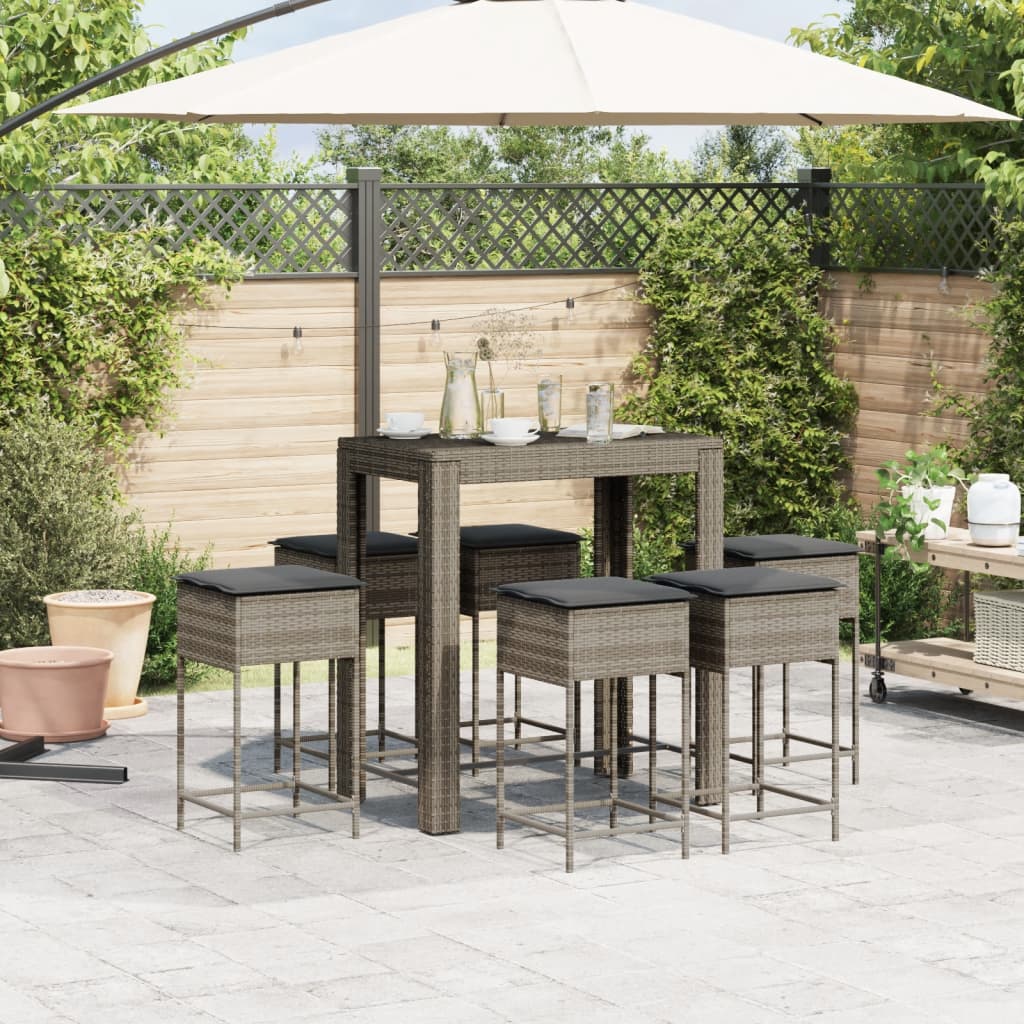 7-tlg. Gartenbar-Set mit Kissen Grau Poly Rattan