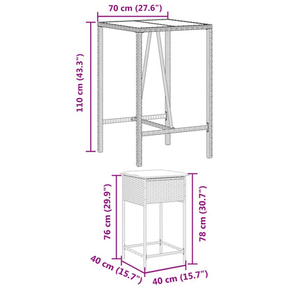 3-tlg. Gartenbar-Set mit Kissen Braun Poly Rattan