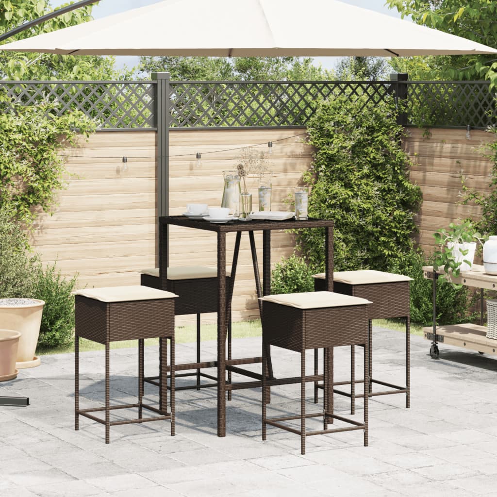 5-tlg. Gartenbar-Set mit Kissen Braun Poly Rattan