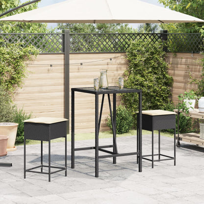 3-tlg. Gartenbar-Set mit Kissen Schwarz Poly Rattan