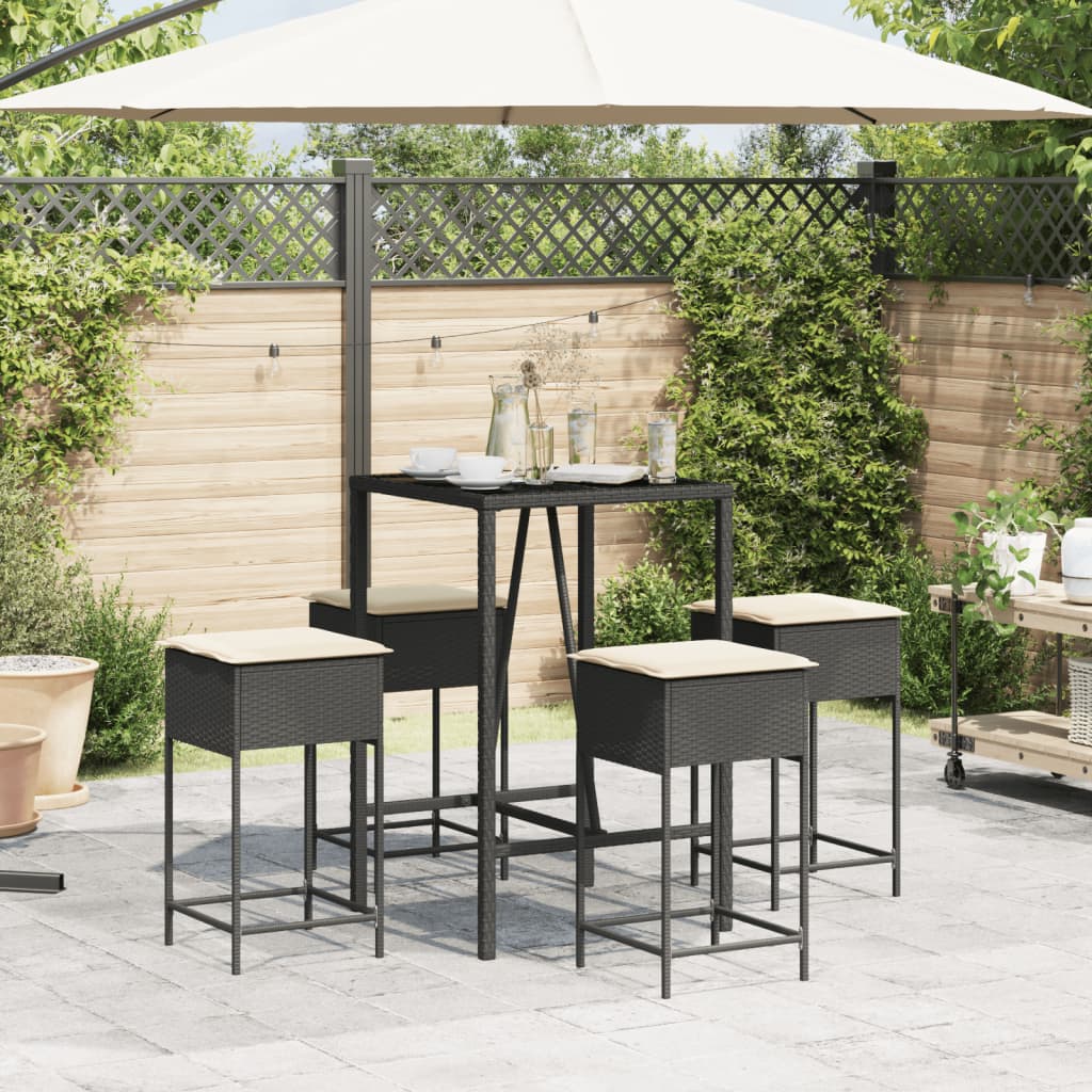 5-tlg. Gartenbar-Set mit Kissen Schwarz Poly Rattan