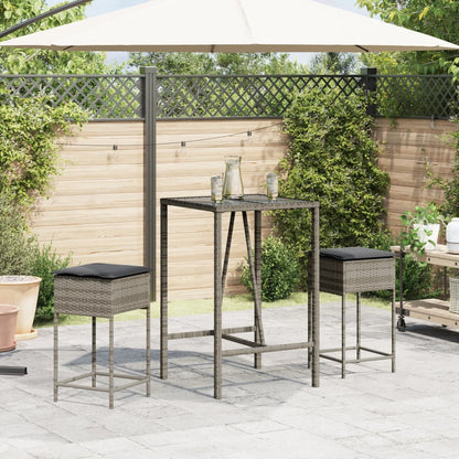 3-tlg. Gartenbar-Set mit Kissen Grau Poly Rattan