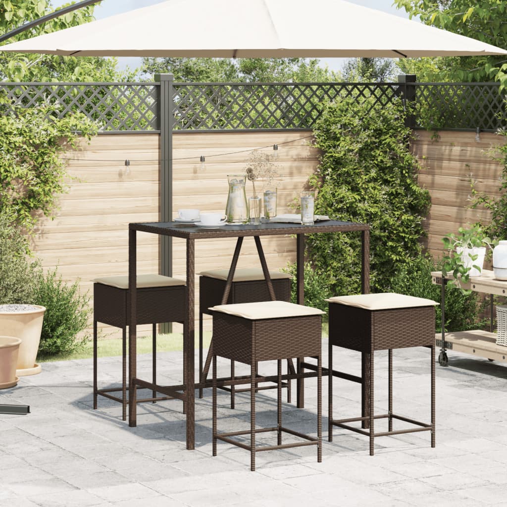 5-tlg. Gartenbar-Set mit Kissen Braun Poly Rattan