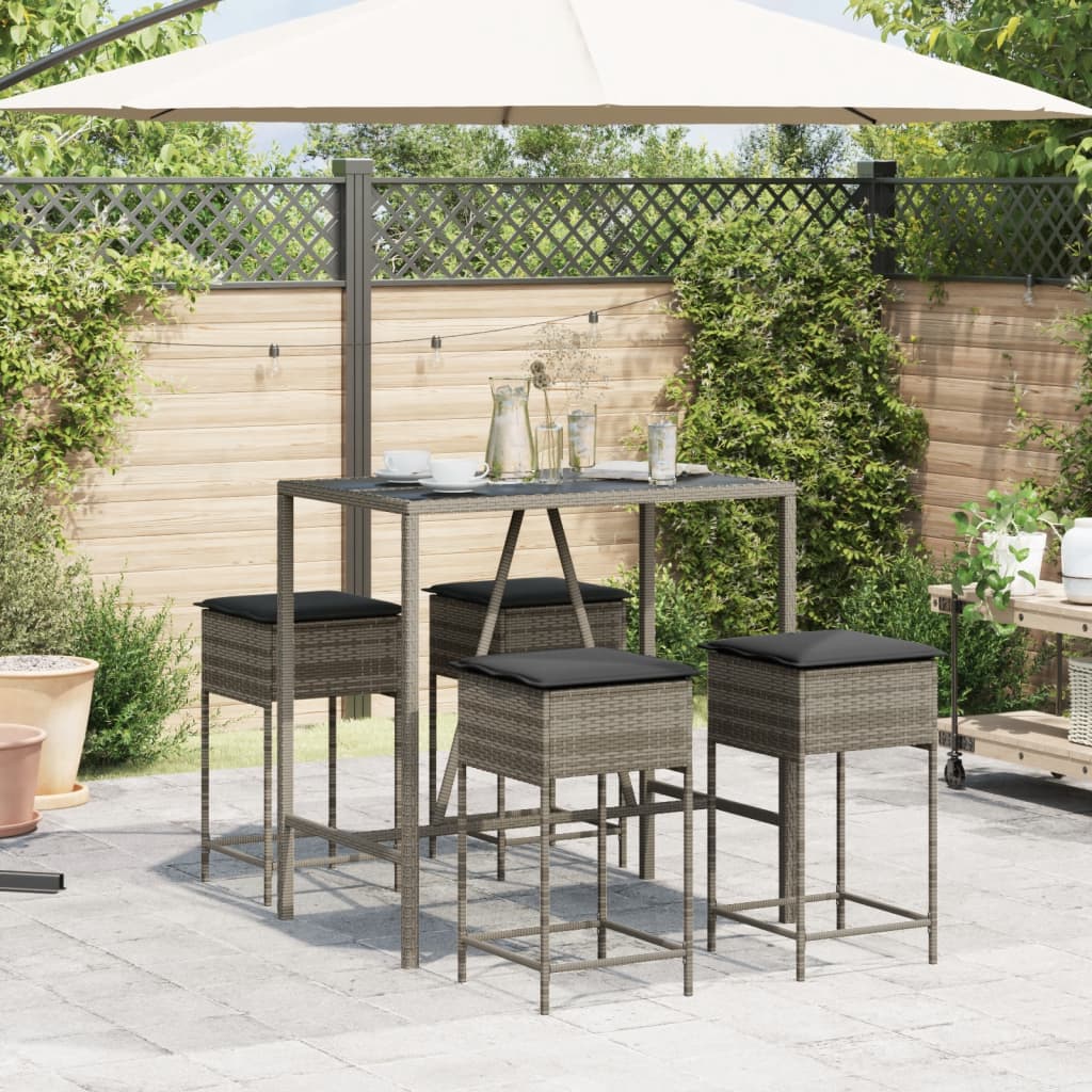 5-tlg. Gartenbar-Set mit Kissen Grau Poly Rattan