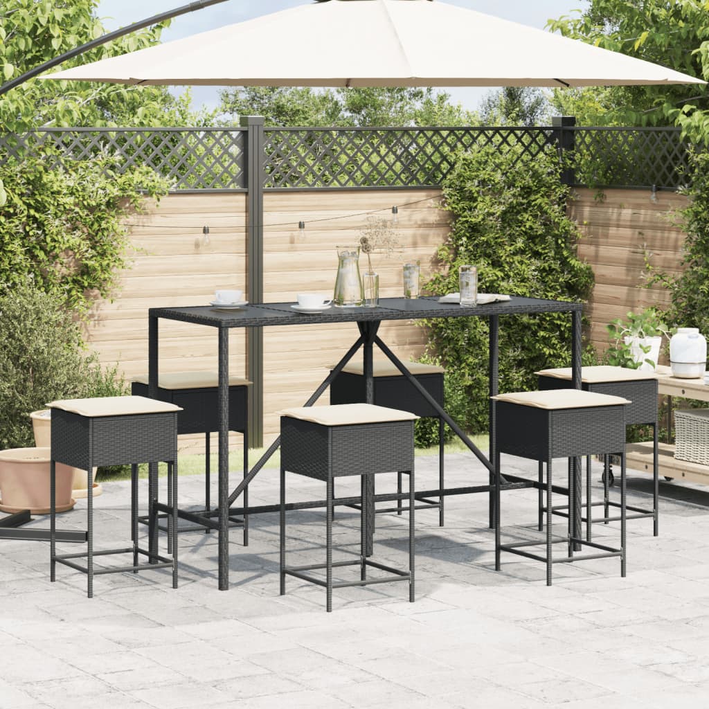 7-tlg. Gartenbar-Set mit Kissen Schwarz Poly Rattan