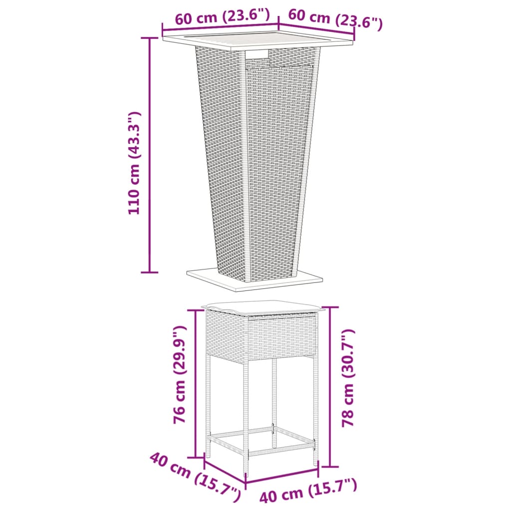 3-tlg. Gartenbar-Set mit Kissen Grau Poly Rattan