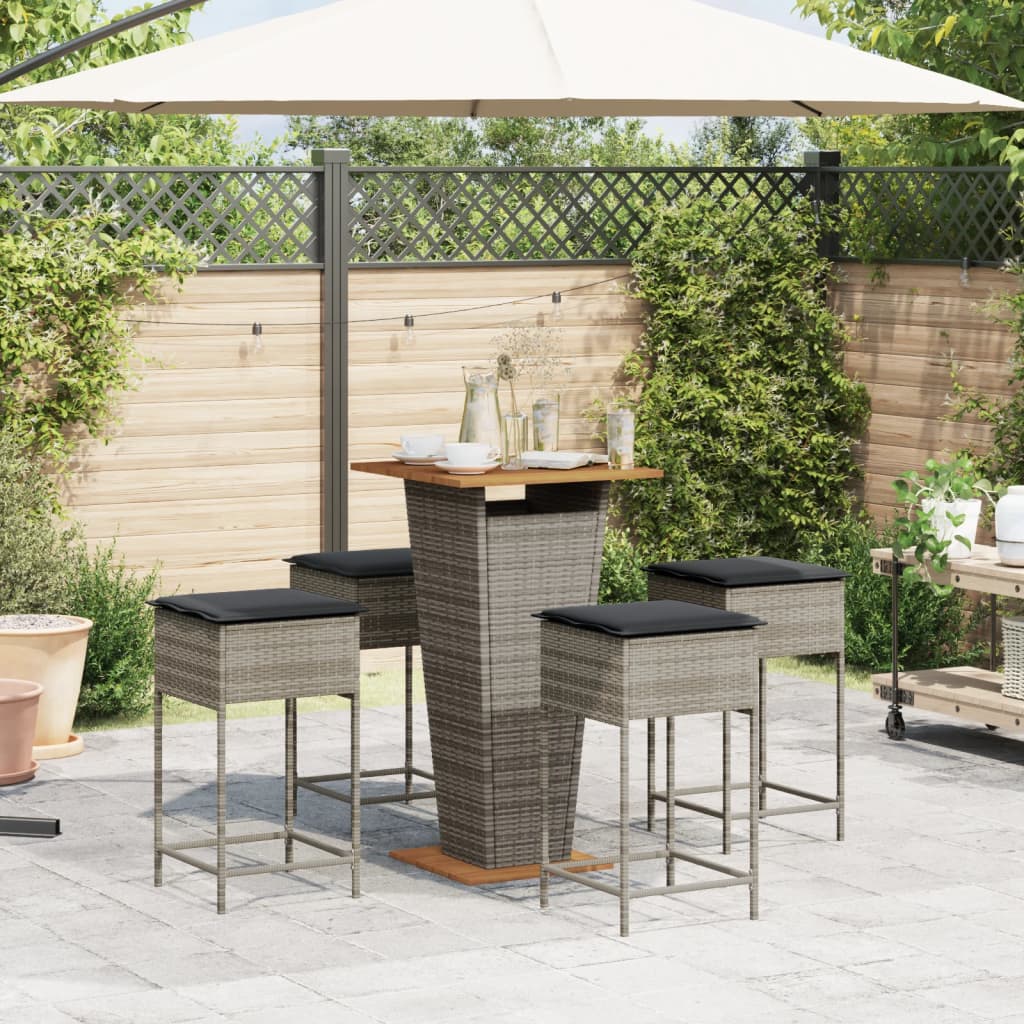 5-tlg. Gartenbar-Set mit Kissen Grau Poly Rattan