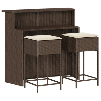 3-tlg. Gartenbar-Set mit Kissen Braun Poly Rattan