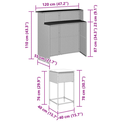 3-tlg. Gartenbar-Set mit Kissen Braun Poly Rattan