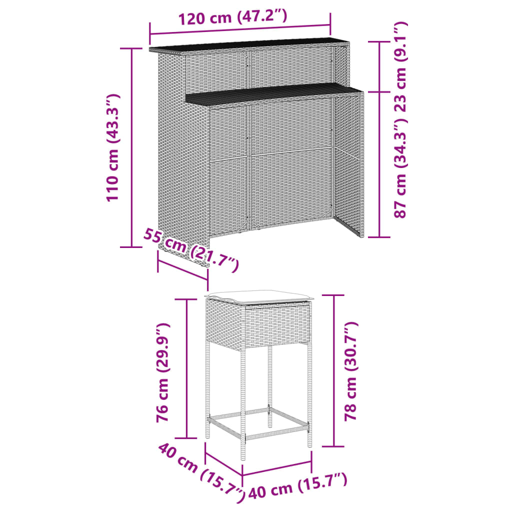 5-tlg. Gartenbar-Set mit Kissen Braun Poly Rattan