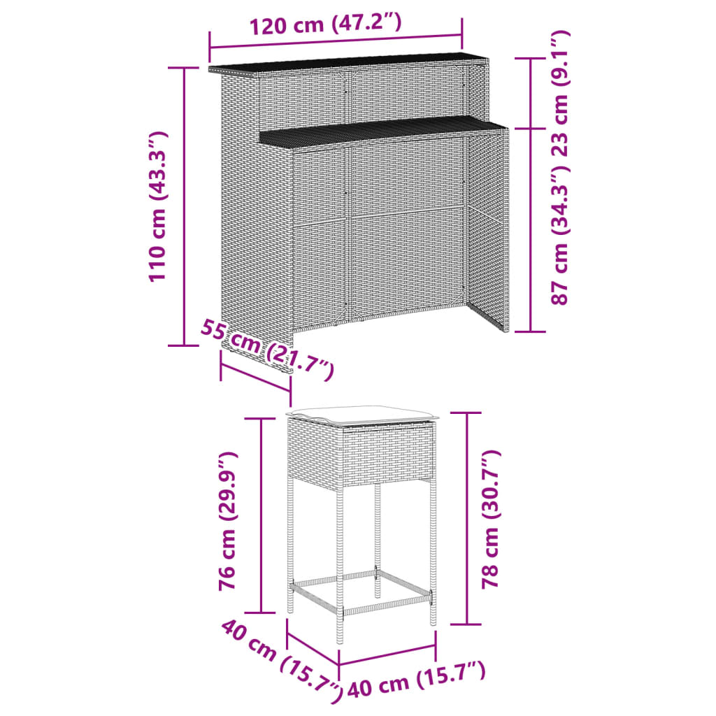 5-tlg. Gartenbar-Set mit Kissen Grau Poly Rattan