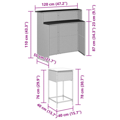 5-tlg. Gartenbar-Set mit Kissen Grau Poly Rattan