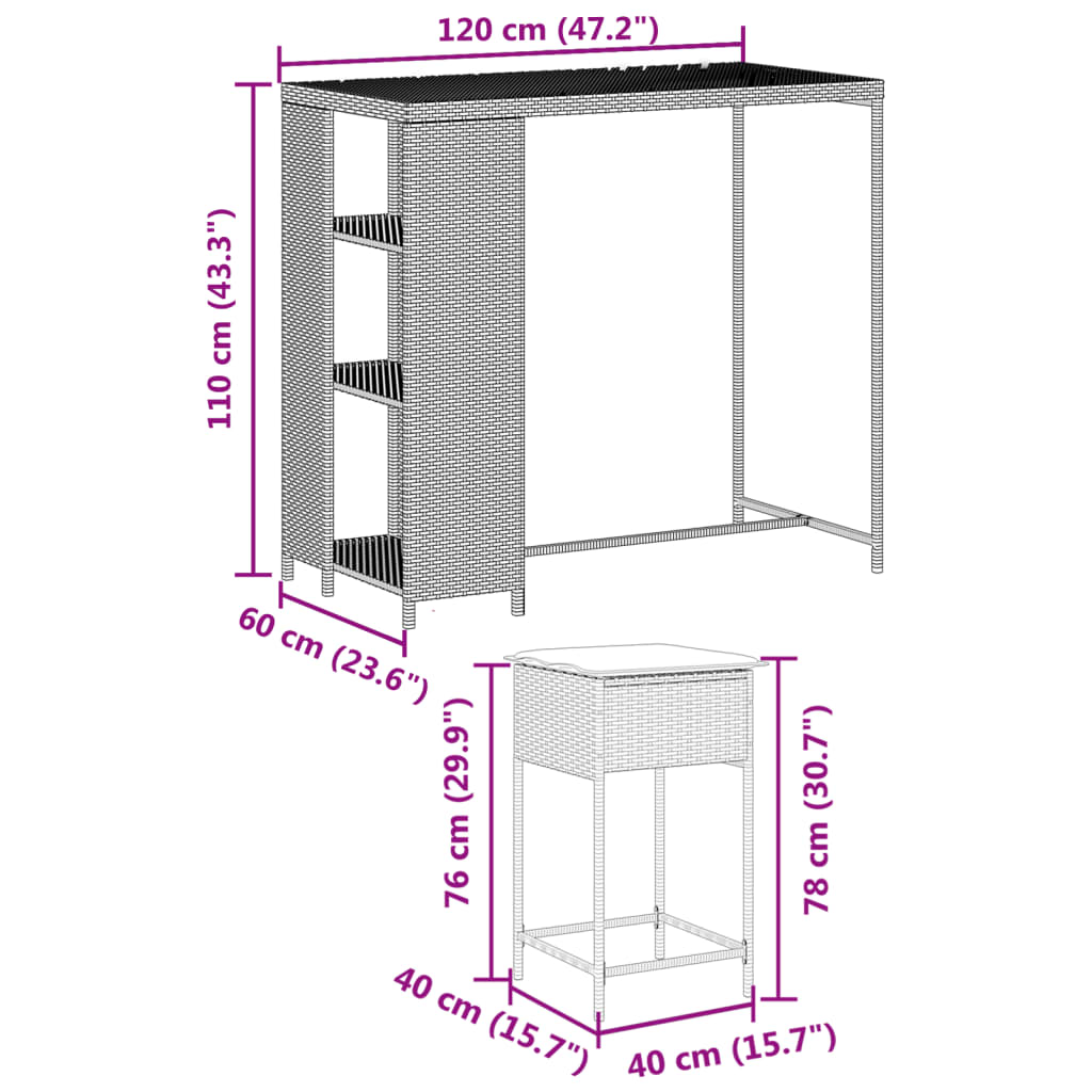 3-tlg. Gartenbar-Set mit Kissen Braun Poly Rattan