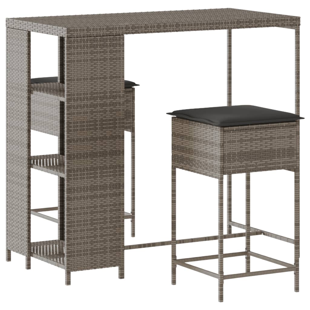 3-tlg. Gartenbar-Set mit Kissen Grau Poly Rattan