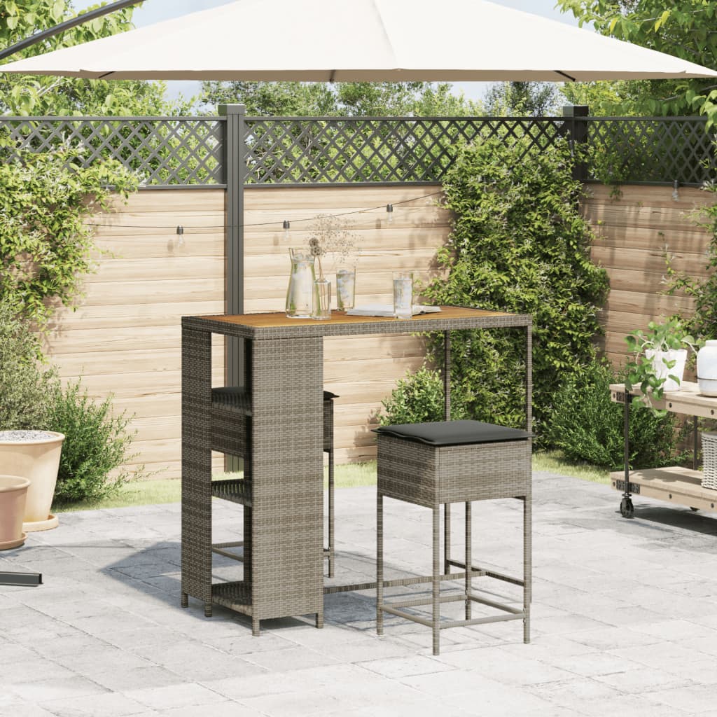 3-tlg. Gartenbar-Set mit Kissen Grau Poly Rattan