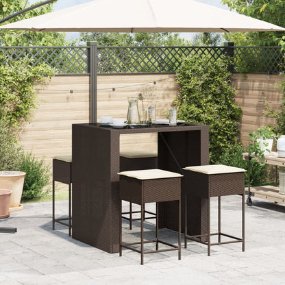 5-tlg. Gartenbar-Set mit Kissen Braun Poly Rattan