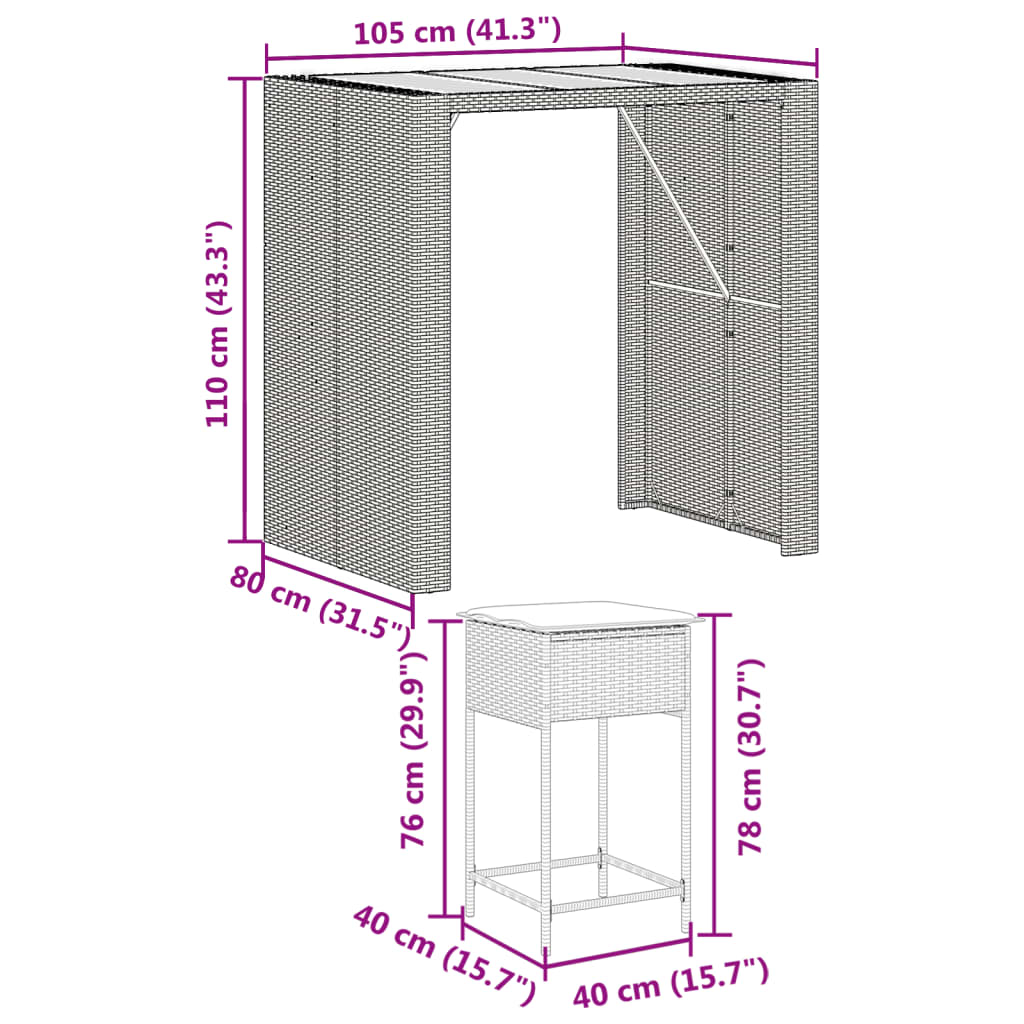 5-tlg. Gartenbar-Set mit Kissen Grau Poly Rattan