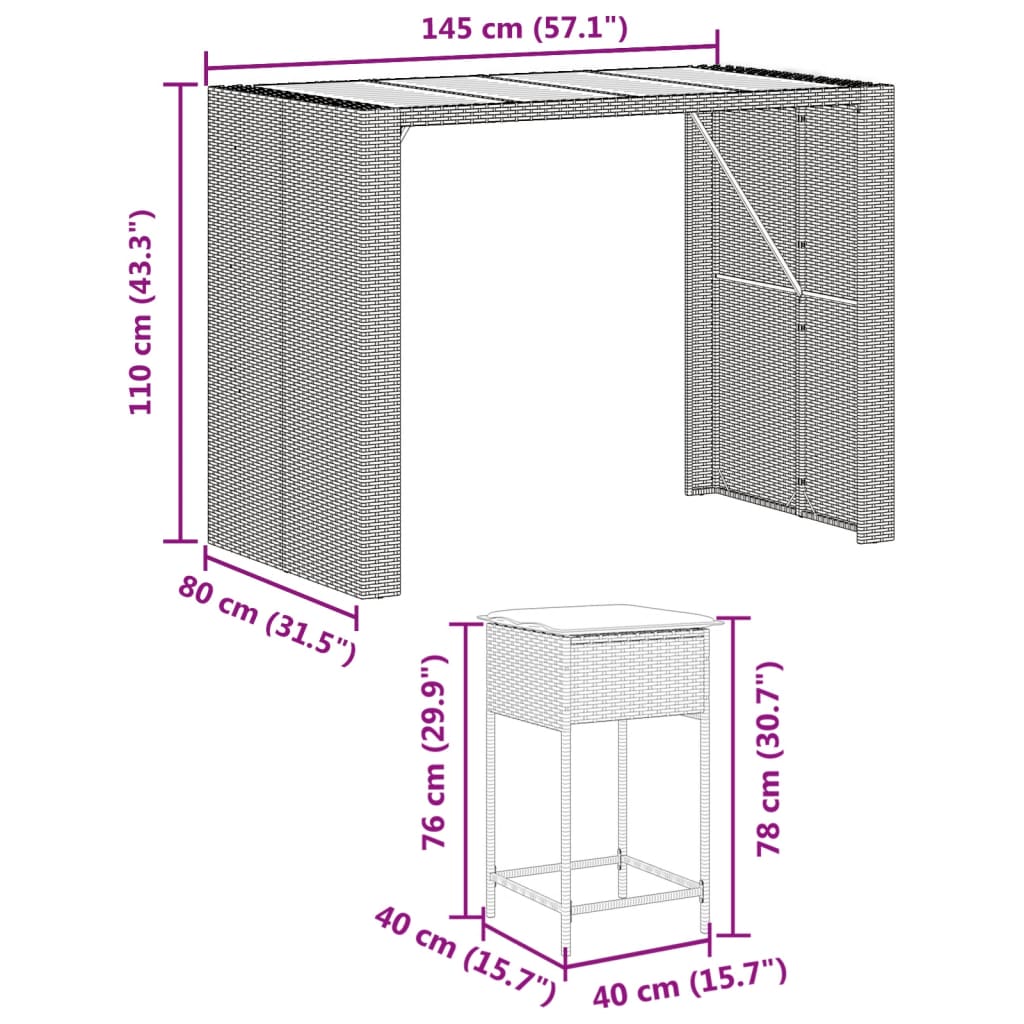 7-tlg. Gartenbar-Set mit Kissen Schwarz Poly Rattan