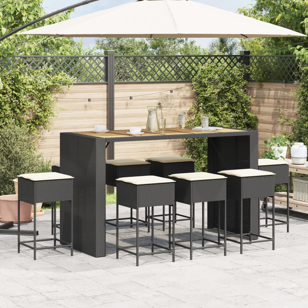 9-tlg. Gartenbar-Set mit Kissen Schwarz Poly Rattan