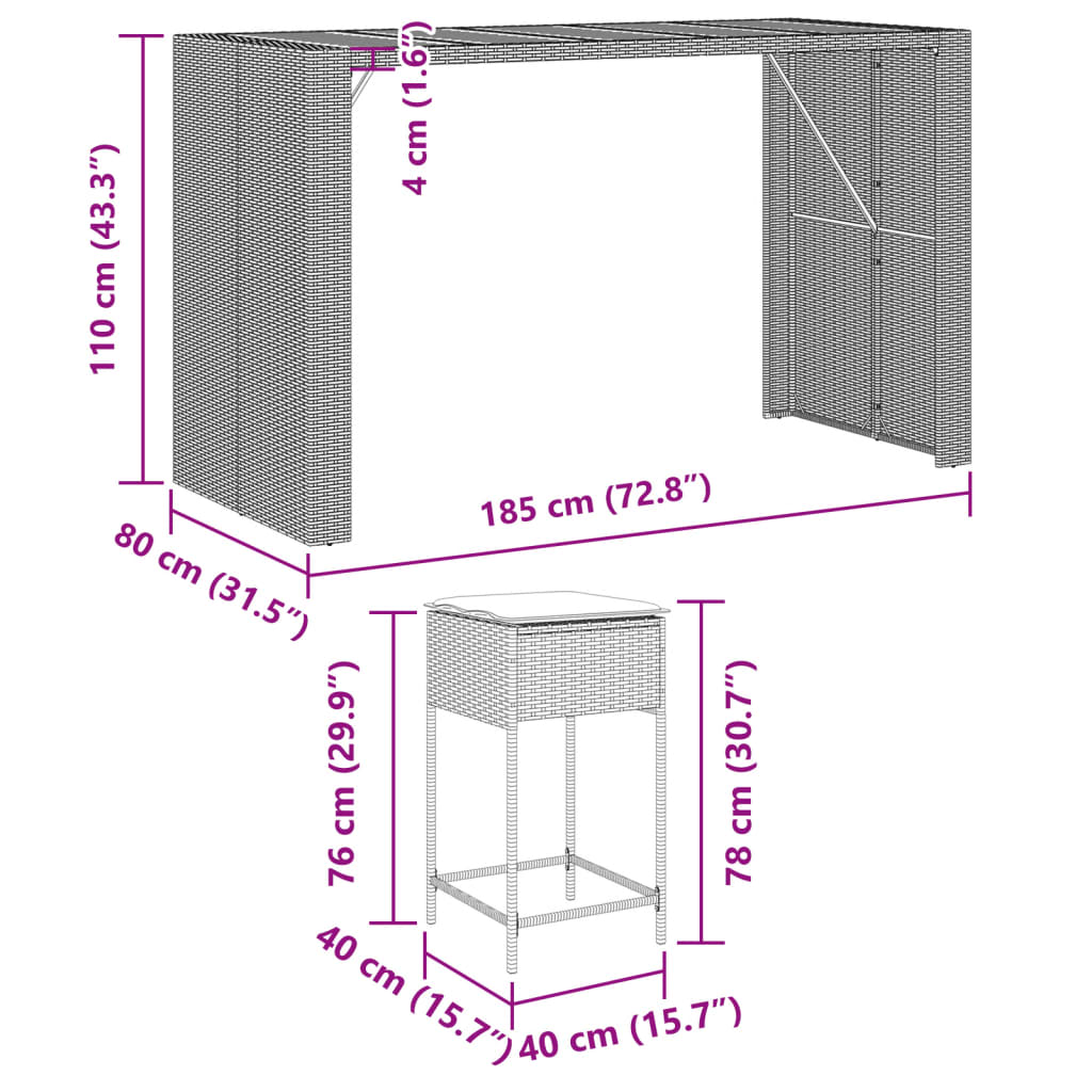 9-tlg. Gartenbar-Set mit Kissen Schwarz Poly Rattan