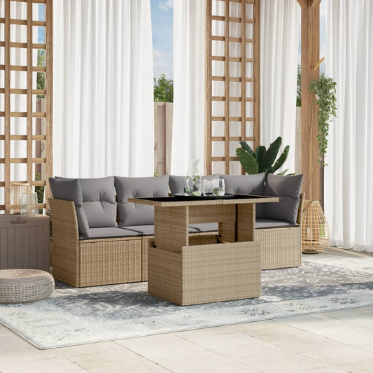 5-tlg. Garten-Sofagarnitur mit Kissen Beige Poly Rattan