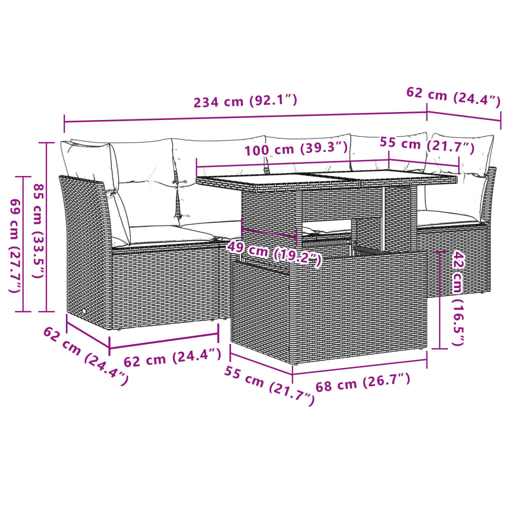 5-tlg. Garten-Sofagarnitur mit Kissen Hellgrau Poly Rattan