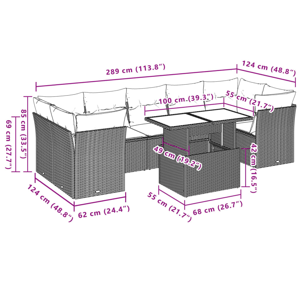 8-tlg. Garten-Sofagarnitur mit Kissen Hellgrau Poly Rattan