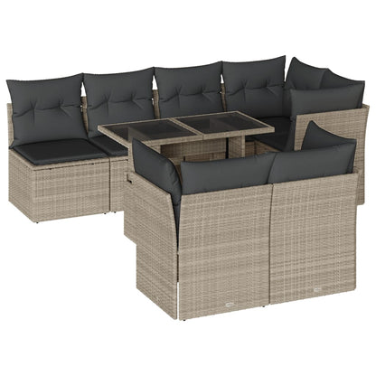 8-tlg. Garten-Sofagarnitur mit Kissen Hellgrau Poly Rattan