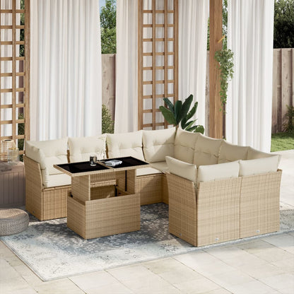 9-tlg. Garten-Sofagarnitur mit Kissen Beige Poly Rattan