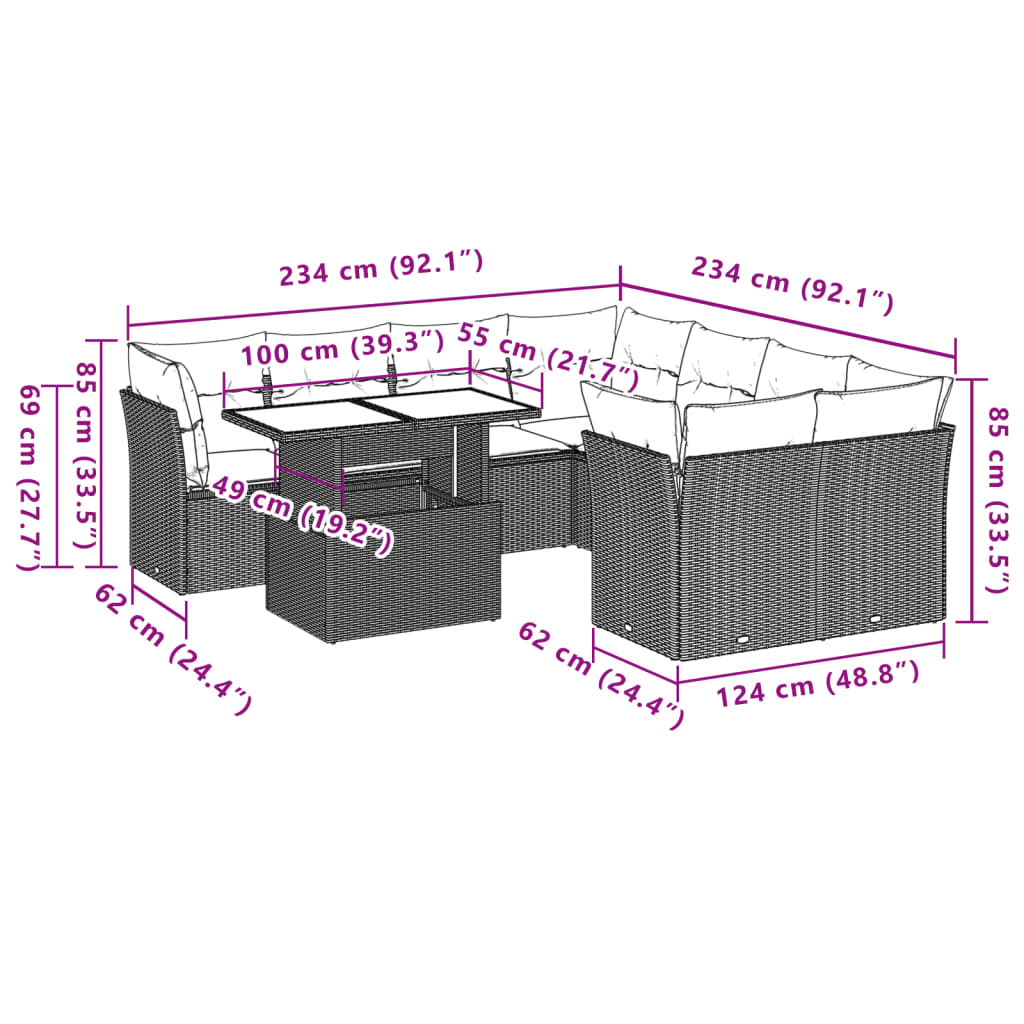 9-tlg. Garten-Sofagarnitur mit Kissen Hellgrau Poly Rattan