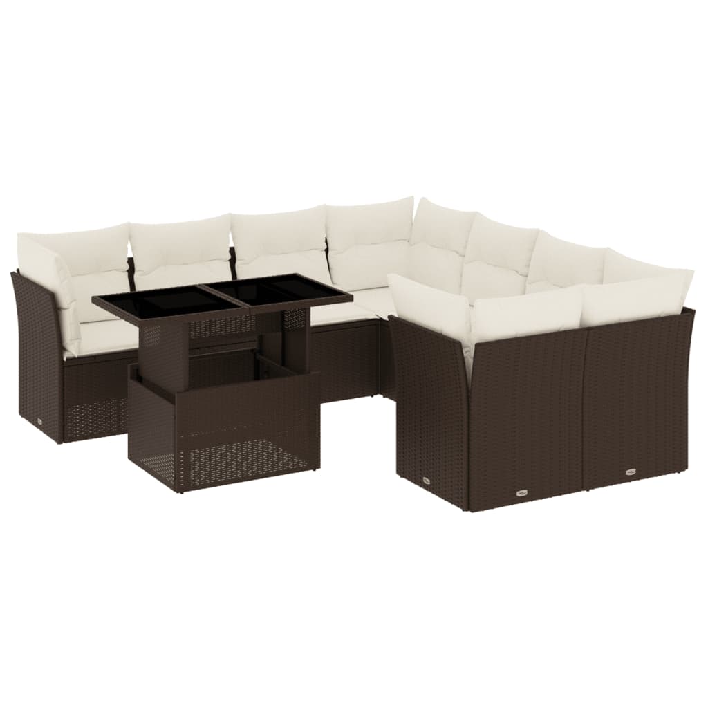 9-tlg. Garten-Sofagarnitur mit Kissen Braun Poly Rattan