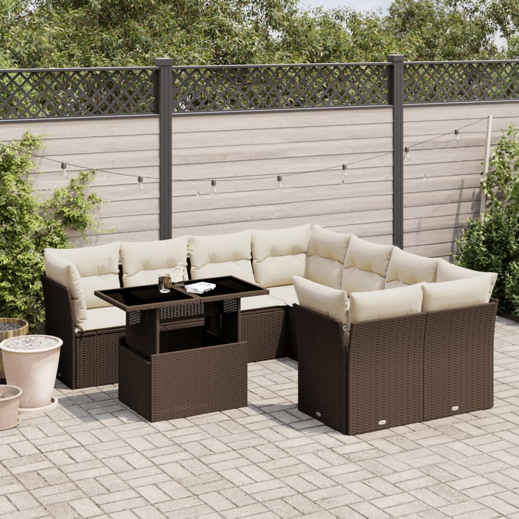 9-tlg. Garten-Sofagarnitur mit Kissen Braun Poly Rattan